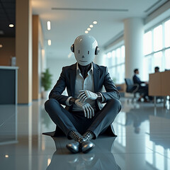 Detailed Concept Art of a Nervous Humanoid Robot Preparing for a Job Interview in a Stylish, Minimalistic Office Environment with Soft Ambient Light with Generative AI