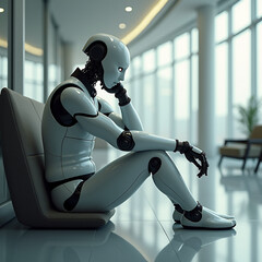 Sophisticated Humanoid Robot in a Clean, Minimalistic Office Setting &ndash; High-Resolution Digital Art Depicting a Job Interview Scenario with Soft Lighting with Generative AI