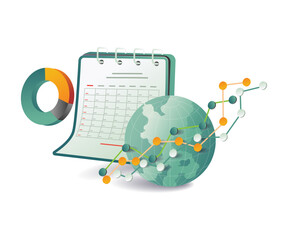Obraz premium Flat illustration of a calendar, globe, and graph