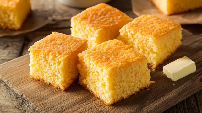 Delicious Buttermilk Cornbread on Rustic Cutting Board with Butter - Southern Comfort Food Delight