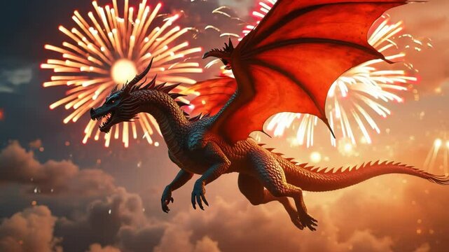 Majestic dragon soars through explosive fireworks display. Creature's scales reflect vibrant colors against twilight sky. Powerful wings spread wide, embodying freedom and mythical strength.	