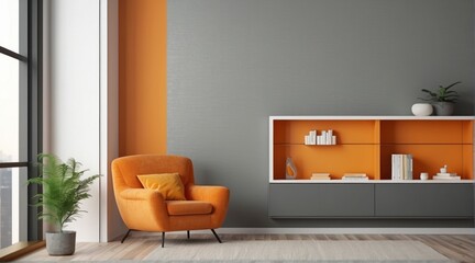 Orange Armchair and Bookshelf in a Modern Living Room