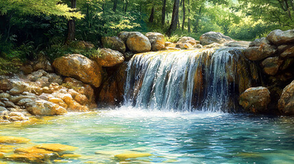 Tranquil Watercolor Waterfall: Serene Nature Landscape with Crystal-Clear Cascading Water