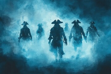 Fototapeta premium Ghostly pirate crew, emerging from the fog, haunted night, Watercolor style