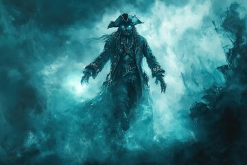 Ghost pirate captain, spectral sea leader with glowing aura and undead power rises from cursed fog, commanding ghost crew in storm-churned maritime legend and supernatural abyss