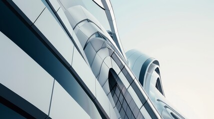 Futuristic building with unique architecture, angular shot, innovative design, copy space, deep depth of field, all objects in focus.