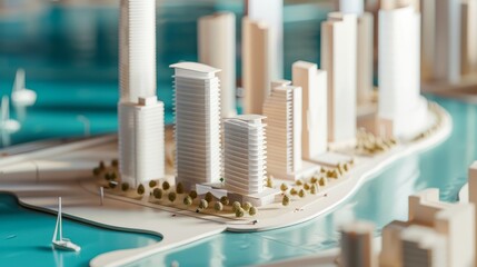 Obraz premium Architectural model of waterfront towers master plan with copy space, covering all objects, deep depth of field.