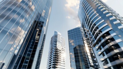 Fototapeta premium Modern skyscrapers' 3D layout, copy space, comprehensive focus, deep depth of field.