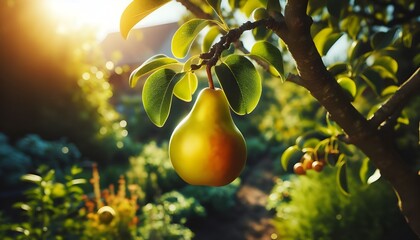 pear grows on a tree in the harvest garden on sunny day