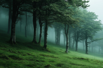 Fototapeta premium Misty and dull morning in a mystical forest