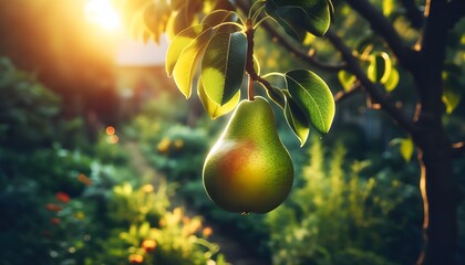 pear grows on a tree in the harvest garden on sunny day