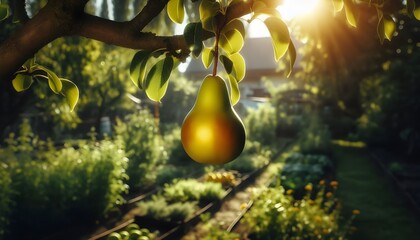 pear grows on a tree in the harvest garden on sunny day
