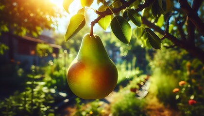 pear grows on a tree in the harvest garden on sunny day
