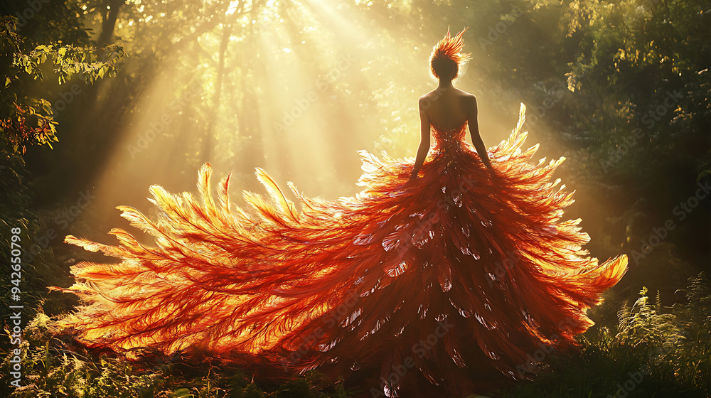 Wall mural A stunning dress made of vibrant phoenix feathers, with intricate details shimmering in the sunlight, worn by a woman standing in a natural landscape