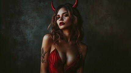 A Halloween-themed portrait of a woman in a sexy devil outfit, including red horns and a daring red dress,