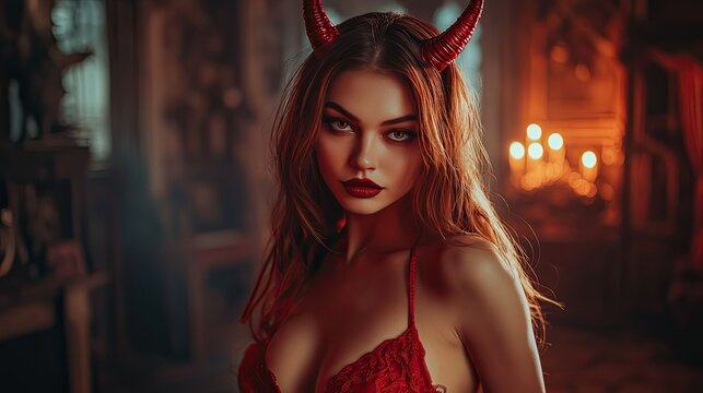 A Halloween-themed portrait of a woman in a sexy devil outfit, including red horns and a daring red dress,