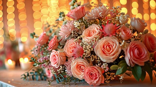 exquisitely set wedding table against the backdrop of the dinner hall, with flowers and decorations in the foreground