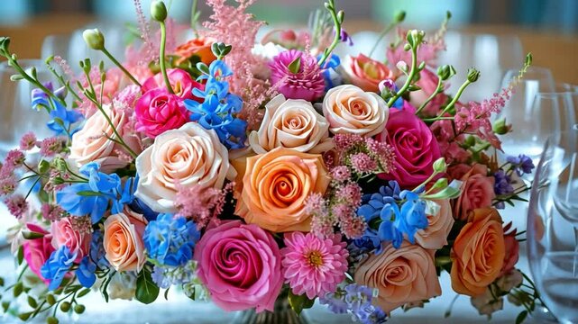 exquisitely set wedding table against the backdrop of the dinner hall, with flowers and decorations in the foreground