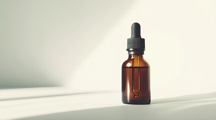 A minimalist photo of cannabis extract in a clear bottle, with a soft shadow on a white background,