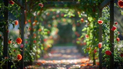 Elegant garden design with blossom-adorned tomato trellis and spacious copy space, featuring total focus and deep depth of field.