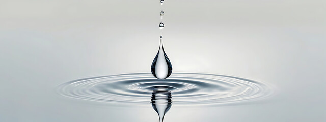 A serene, minimalist digital illustration of a single droplet of water, gently rippling on a still surface, on a plain white background, representing purity, calm, and the essence of life.