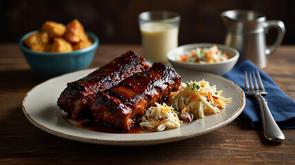 A Plate Of Smoky Bbq Ribs With A Side Of Tangy Coleslaw And Cornbread, Set On A Rustic Table, Food Menu Image