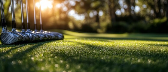 Close-up of golf clubs lined up on lush green grass, illuminated by warm sunlight, creating a serene golfing atmosphere.