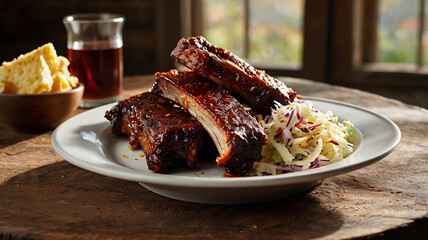 A Plate Of Smoky Bbq Ribs With A Side Of Tangy Coleslaw And Cornbread, Set On A Rustic Table, Food Menu Image