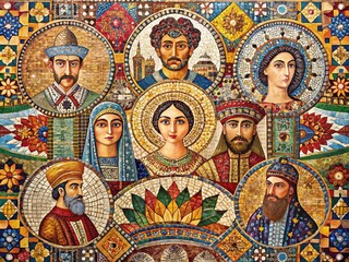 Fototapeta premium A stunning mosaic art infographic delves into cultural and historical themes, showcasing vibrant colors and intricate designs.