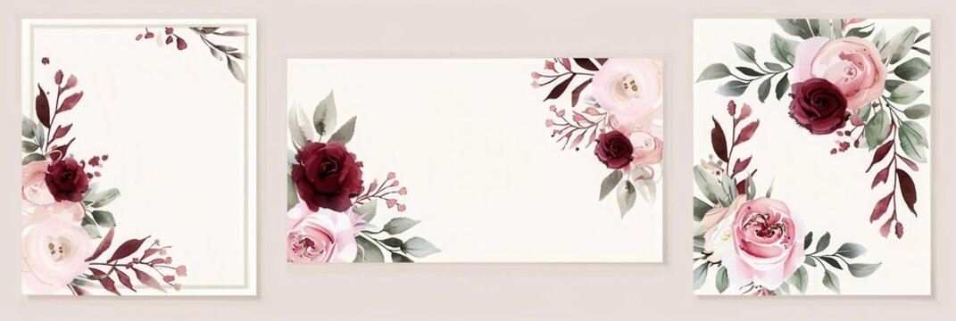 Watercolor Wedding Invitation. Pink and Burgundy Floral Set with Greenery Border
