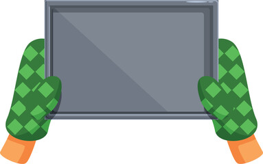 Baker wearing green oven mitts holding empty baking sheet