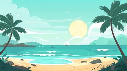 Fototapeta premium Beautiful beach scene with palm trees, waves, and sun, suitable for business backgrounds, clean and flat design.