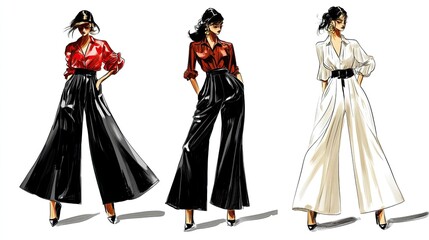 Fashion sketches of three stylish outfits featuring wide-legged trousers and elegant blouses,