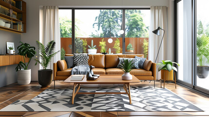 Fototapeta premium Mid-century modern living room interior design with a leather sofa, wooden coffee table, and geometric rug.