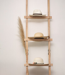 Light wooden ladder decorated with pink flowers and two toquilla straw hats with leather bands. Elegant composition blending traditional Ecuadorian craftsmanship, fashion, and rustic decorative style.