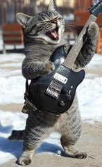 Cat guitarist playing electric guitar and singing generated by AI

