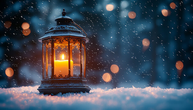 Snowy night, lantern glowing, winter celebration, candlelight bright generated by AI - Powered by Adobe