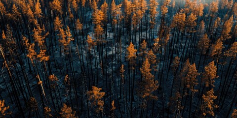 Naklejka premium Aerial perspective of charred trees in a forest post wild fire Dry season in a pine woodland