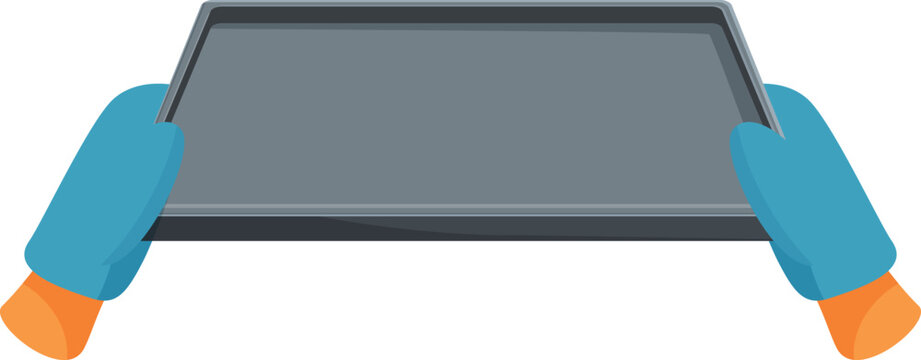 Baker is holding empty baking sheet wearing protective gloves, isolated on white background