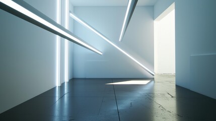 Minimalist interior illuminated by creative arrangement of luminous beams, with copy space and deep depth of field.