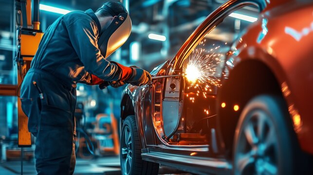 close-up of skilled technicians expertly welding car bodies, the intense glow of the welding torch illuminating the car repair center, with detailed equipment in the background