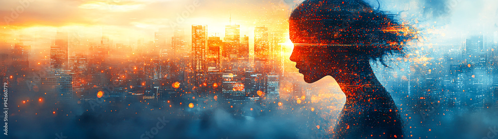 Wall mural futuristic technology and it services banner with watercolor graphics for website headers and digita