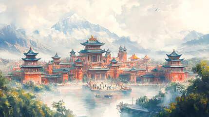 Obraz premium Watercolor Destination Guide: Embracing the Cultural Richness of an Ancient City