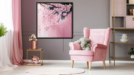 Elegant living room with pink armchair and cherry blossom painting, copy space, deep depth of field, covers all objects.