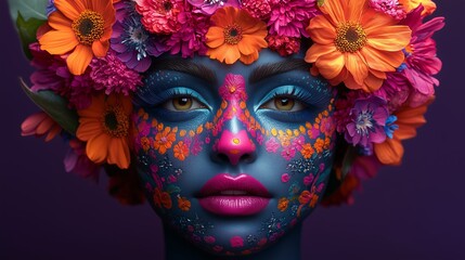 dia de los muertos festive Catrina mask with dahlias, roses and orange marigolds on a vibrant bold purple background