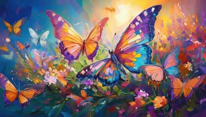 Colorful butterflies in vibrant abstract garden painting