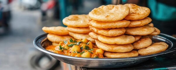 A street-side cart with stacks of freshly fried puris, served with spicy potato curry, puri, Indian street food, spicy