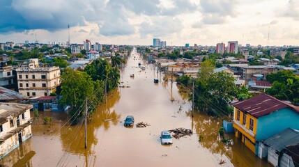 Fototapeta premium An aerial view of a flood-stricken city reveals widespread destruction, with muddy streets, floating debris, and an overcast sky.