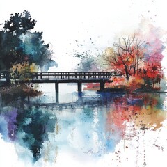 Fototapeta premium watercolor painting of a narrow bridge over a sparkling river, on isolated white background
