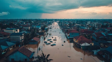 An aerial view of a flood-stricken city reveals widespread destruction, with muddy streets, floating debris, and an overcast sky.